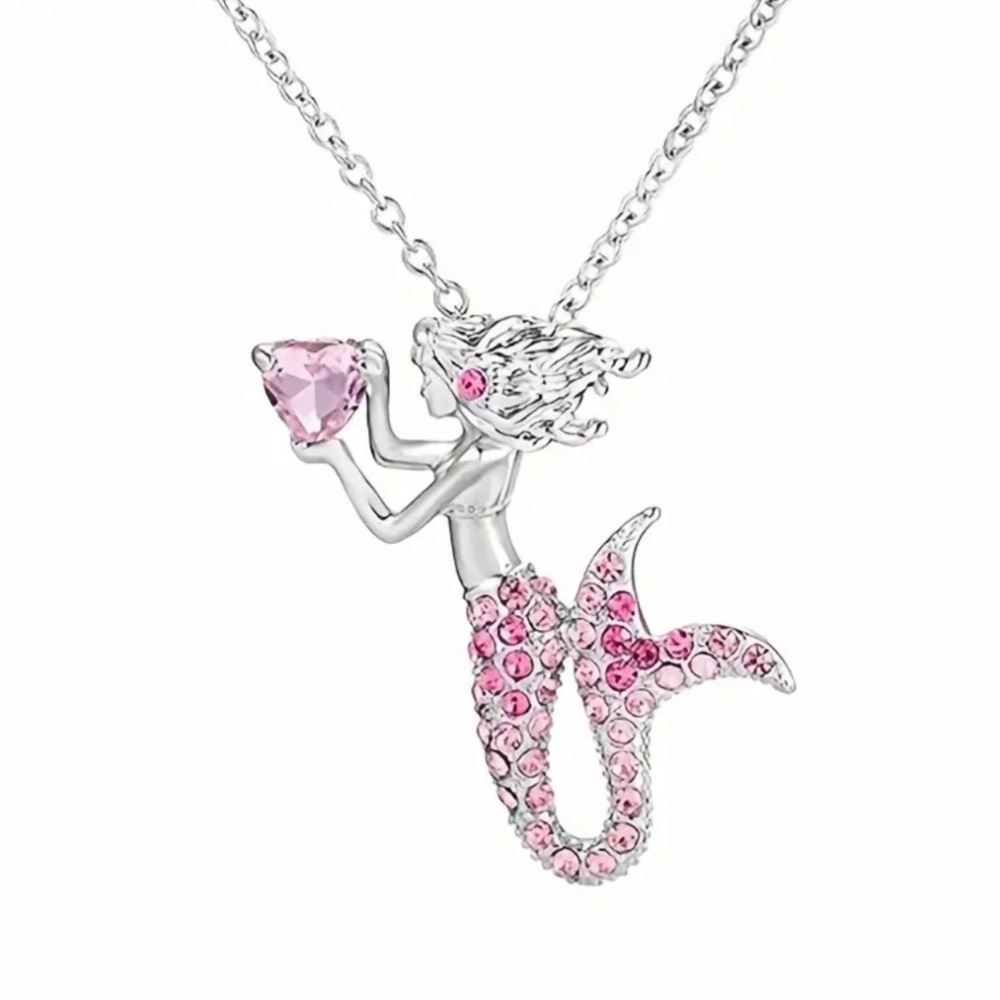 Silver Mermaid Pendant Necklace with Pink Crystals